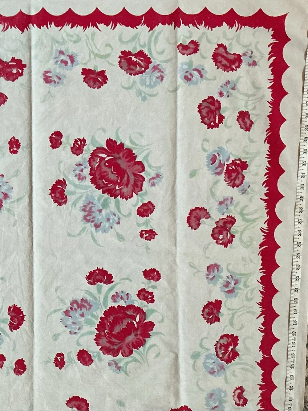 Vintage Scalloped Red Floral Cotton Tablecloth 1950’s Boho Rose Cottagecore